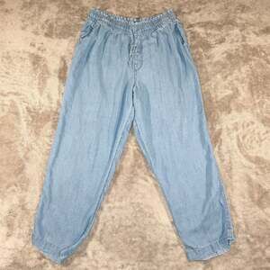 LOFT Women's Blue Wide Leg Chambray Crop Pants scrunch waistband, size L